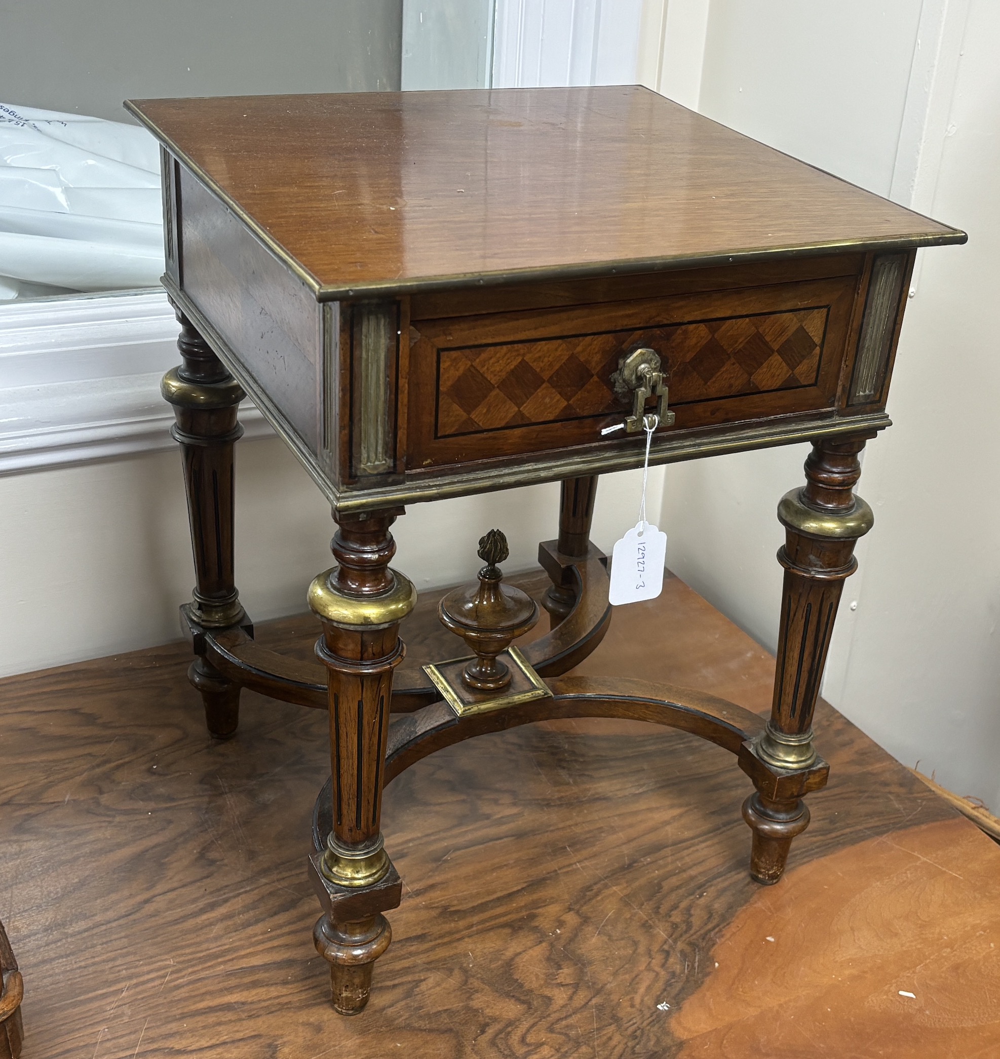 A French brass mounted mahogany low table, width 40cm, depth 40cm, height 52cm